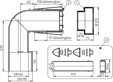 WC-Anschlussbogen DN90/110 PE mit Gummilippendichtung mit Stützring, Bauschutz und HL226 HL225.1/90